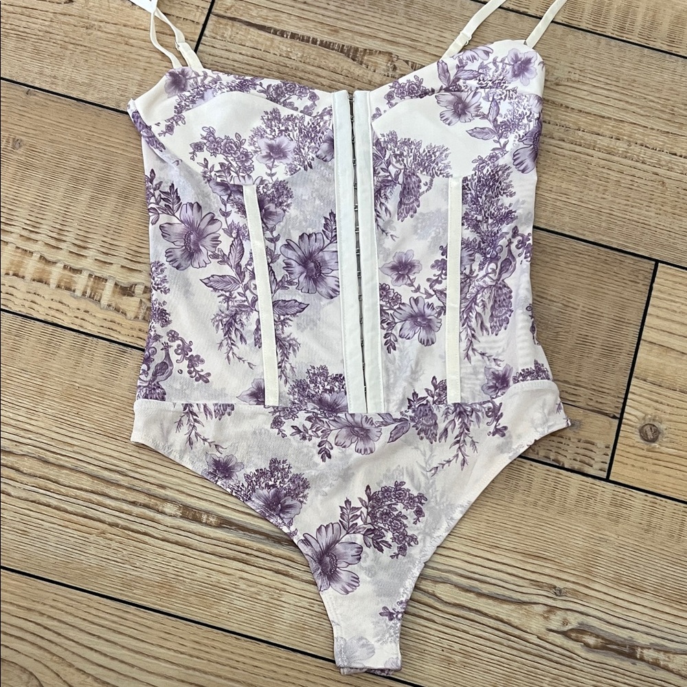 Free People White Bodysuit with Lavender Floral Print